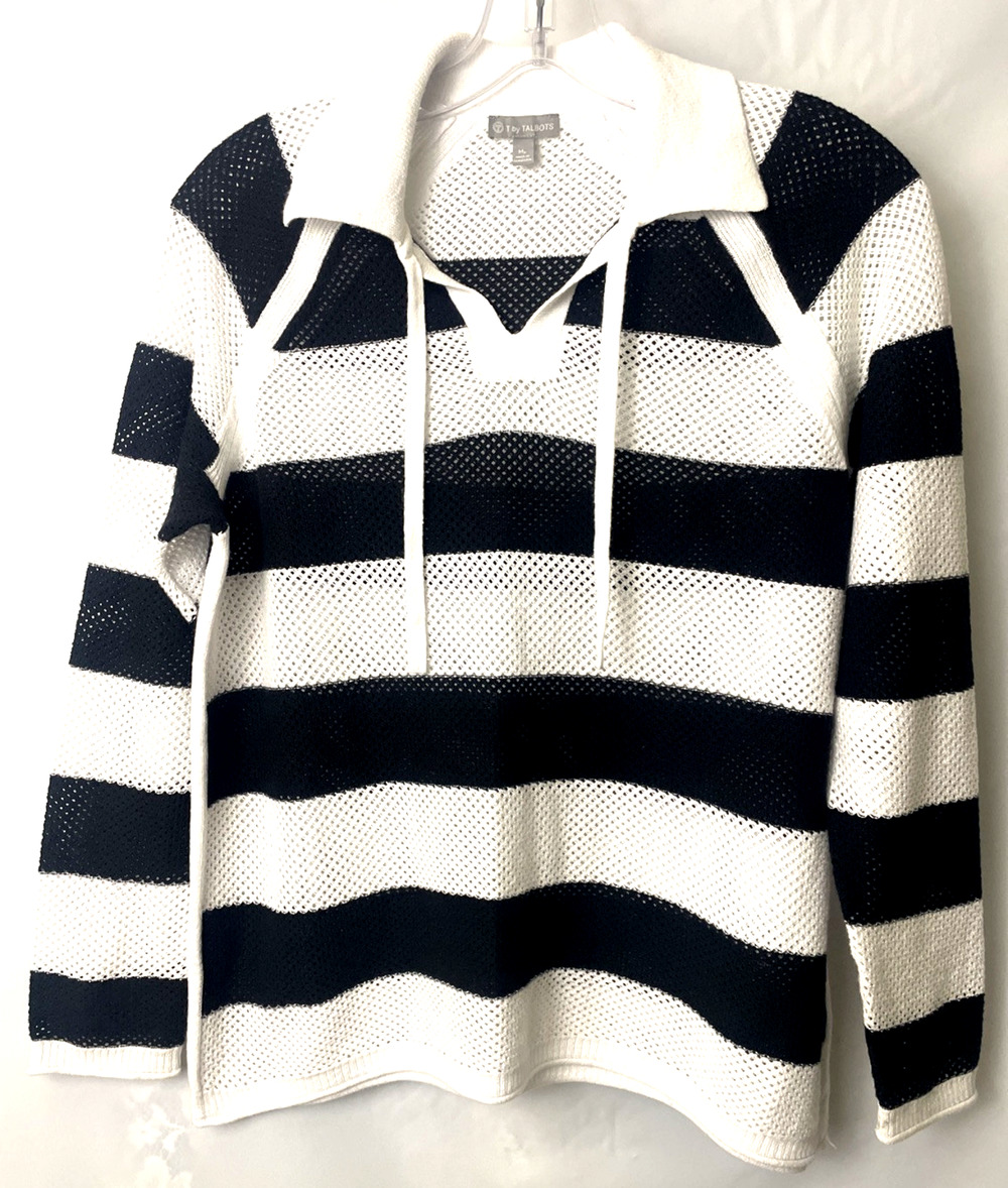 T By Talbots Open Knit Lg Sleeve Top Womens Sz MP Blk/White Cotton Blend Collar